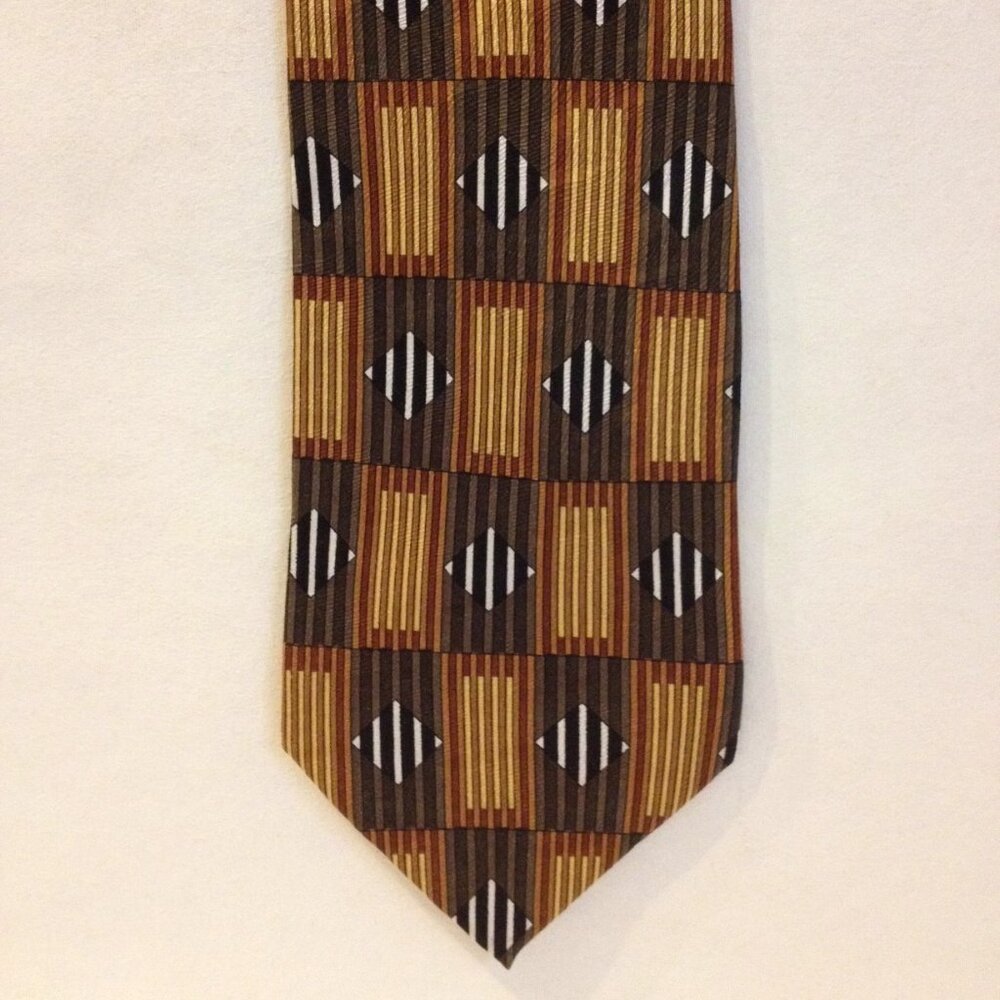 Stanley Blacker Neck Tie Gold Green Rust 100% Silk Geometric Stripe Diamond Mens